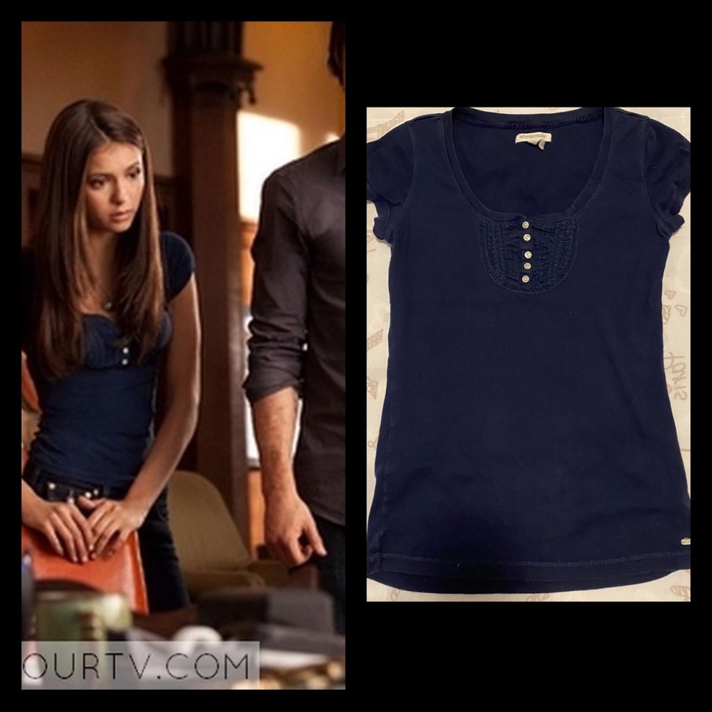 Elena Gilbert’s Aeropostale Blue Ruffle Henley Shirt.